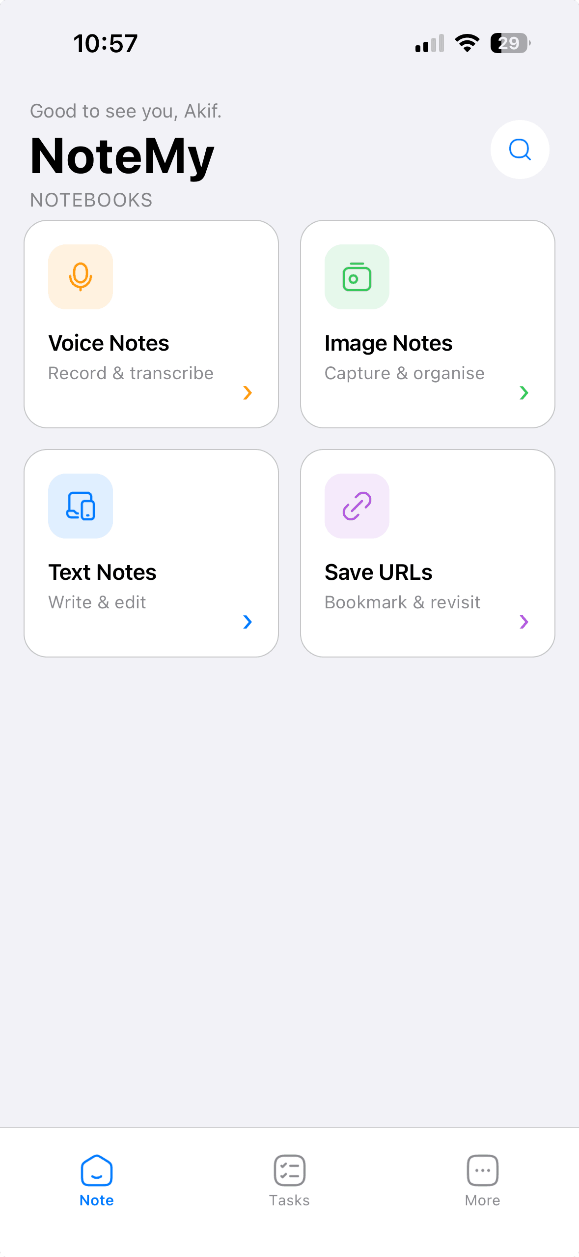 NoteMy home screen showing Voice, Image, Text, and URL notebooks